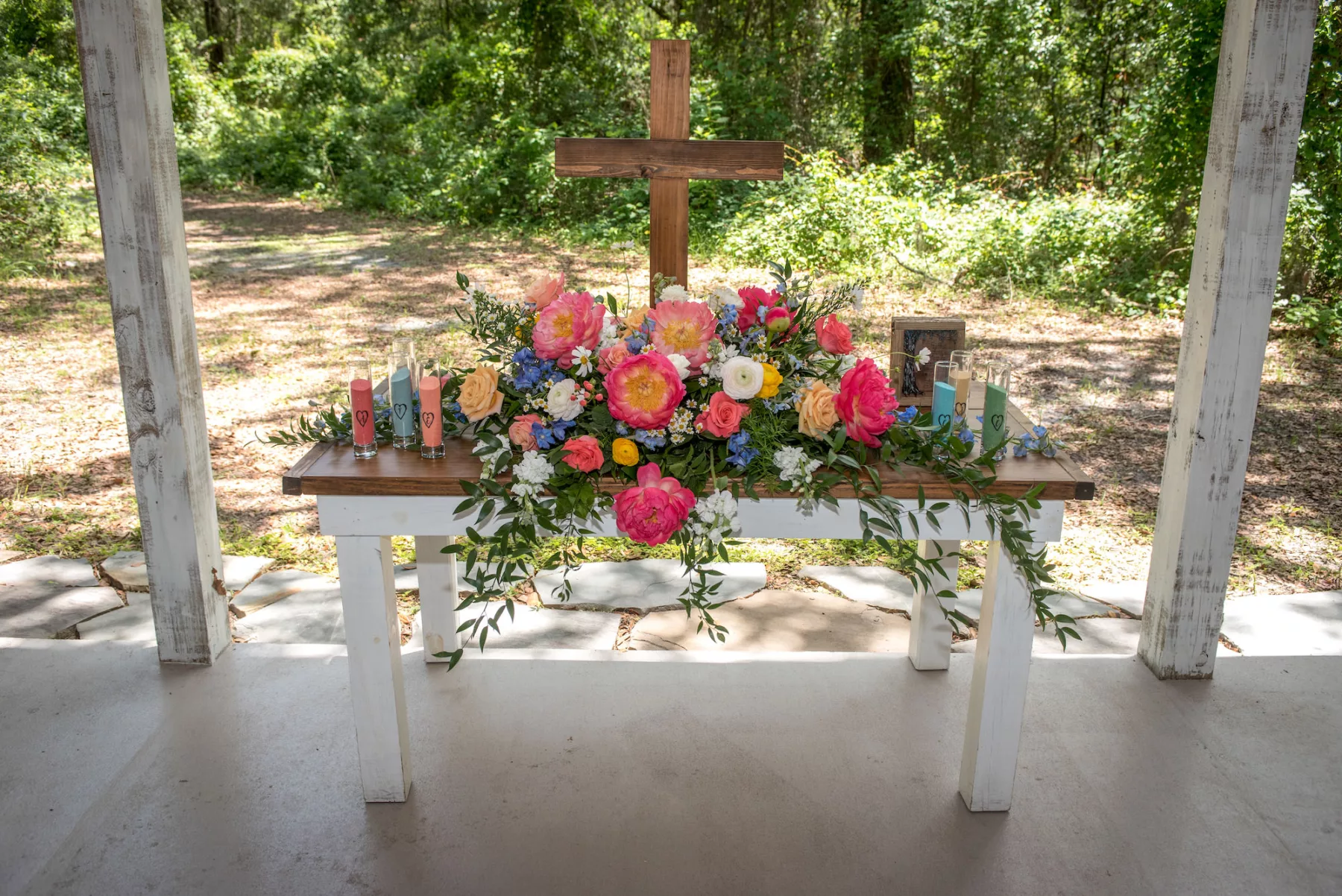 Rustic Pink Peony, White Ranunculus, Orange Roses, Blue Flower, and Greenery Wedding Ceremony Floral Arrangement Decor Ideas | Sand Ceremony Inspiration