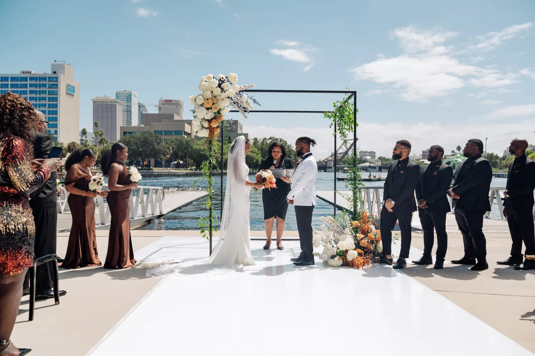 Modern Black and Bronze Waterfront Fall Wedding Ceremony Inspiration