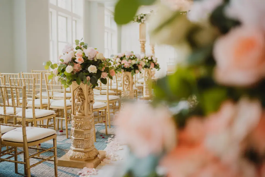 Blush and Gold Indian Wedding Ceremony | Pink and White Roses Aisle Decor with Greenery Ideas