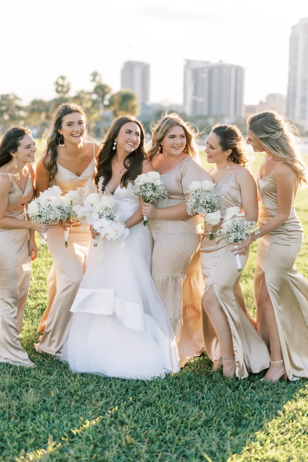 Mismatched Satin Champagne Bridesmaids Wedding Dress Inspiration | Ivory White and Cream Roses and Baby's Breath Bouquets