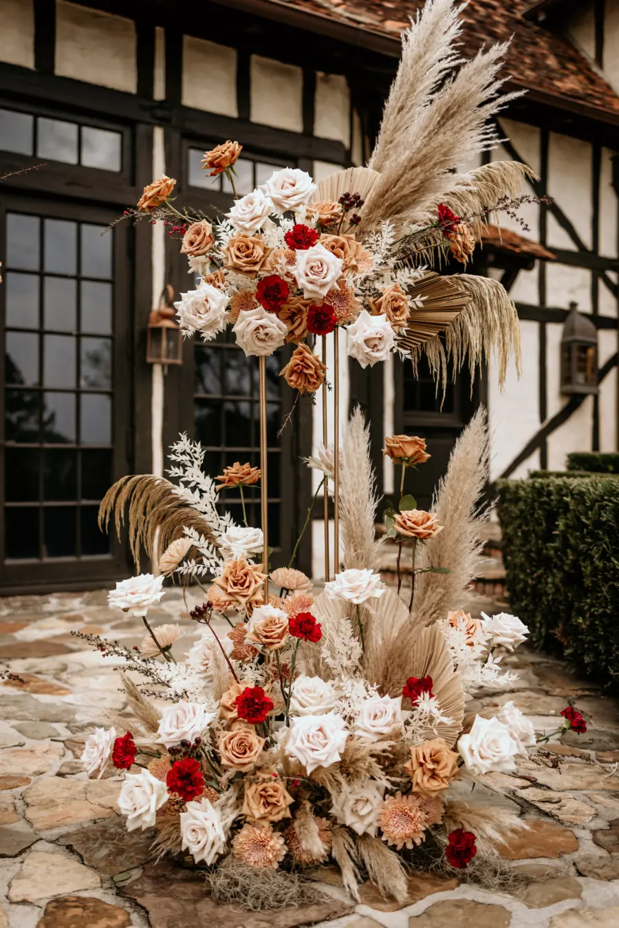 Fall Boho White and Pink Roses and Pampas Grass Wedding Ceremony Altar Floral Arrangement Decor Ideas