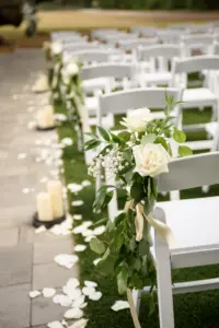 Classic White Roses, Baby's Breath and Greenery Chair Floral Arrangement Ideas for Southern Wedding Ceremony