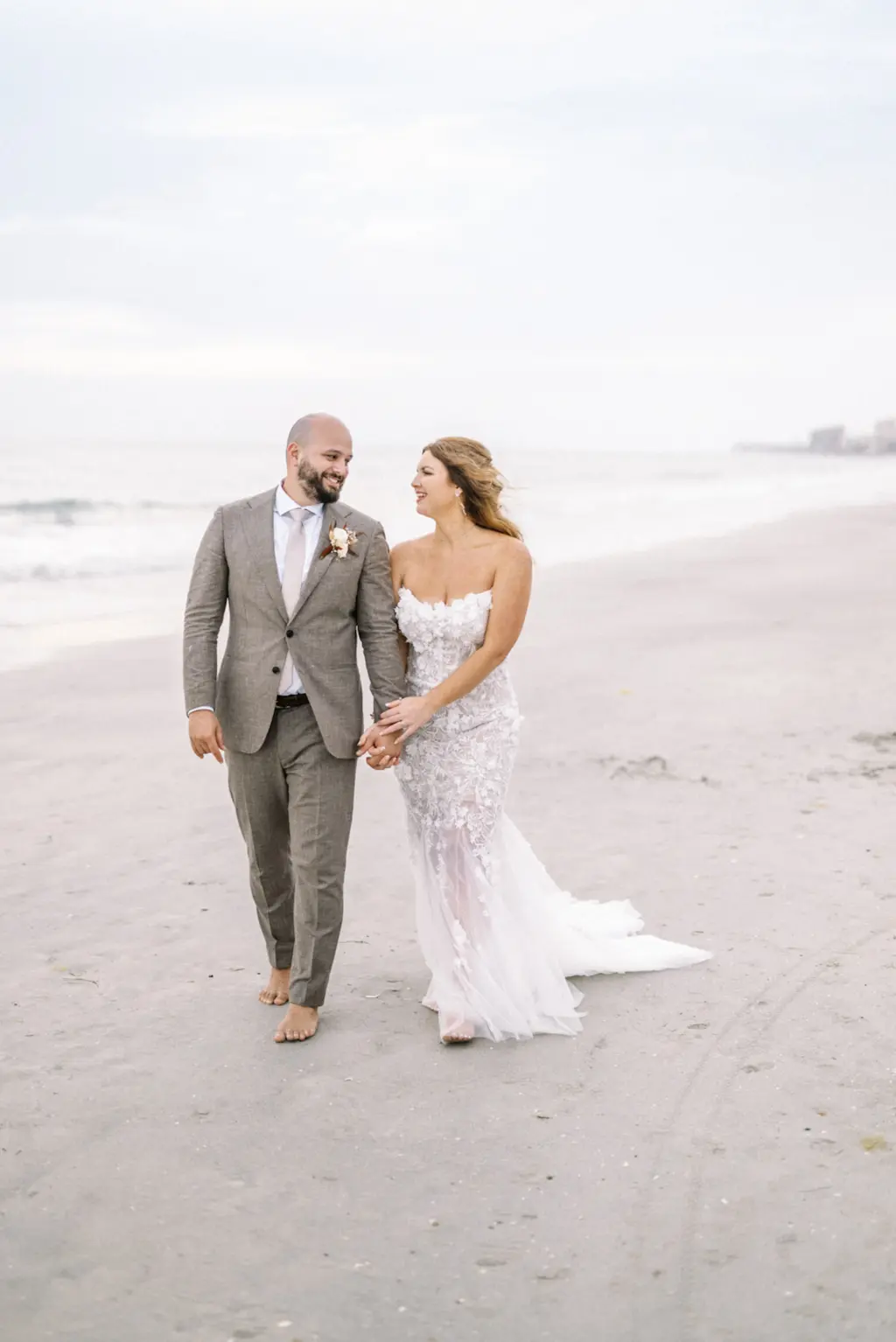 Bride and Groom Beach Wedding Portrait Inspiration | Dany Tabet Strapless Lace Floral Fit and Flare Tulle Bridal Gown