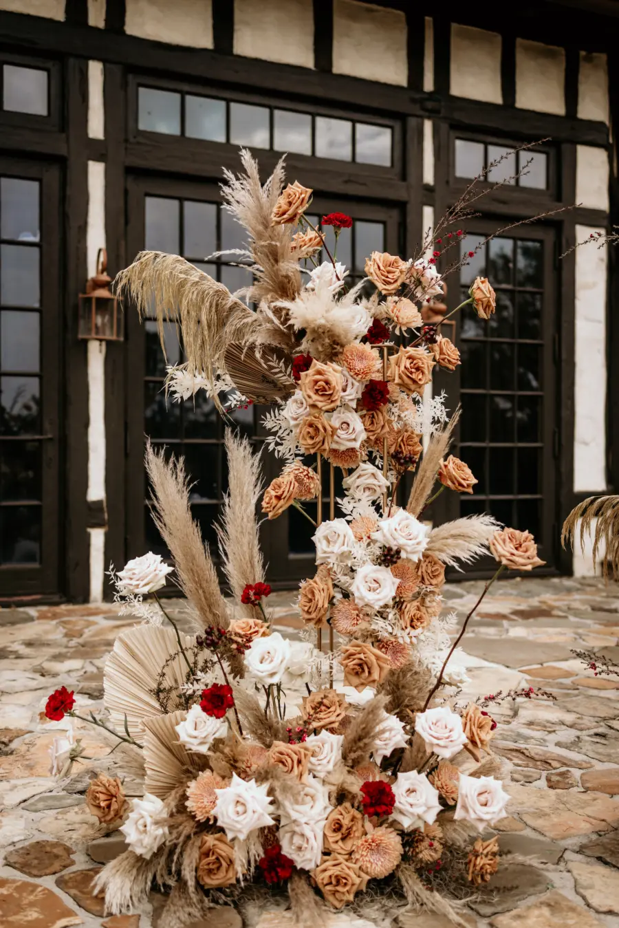 Fall Boho White and Pink Roses and Pampas Grass Wedding Ceremony Altar Floral Arrangement Decor Ideas