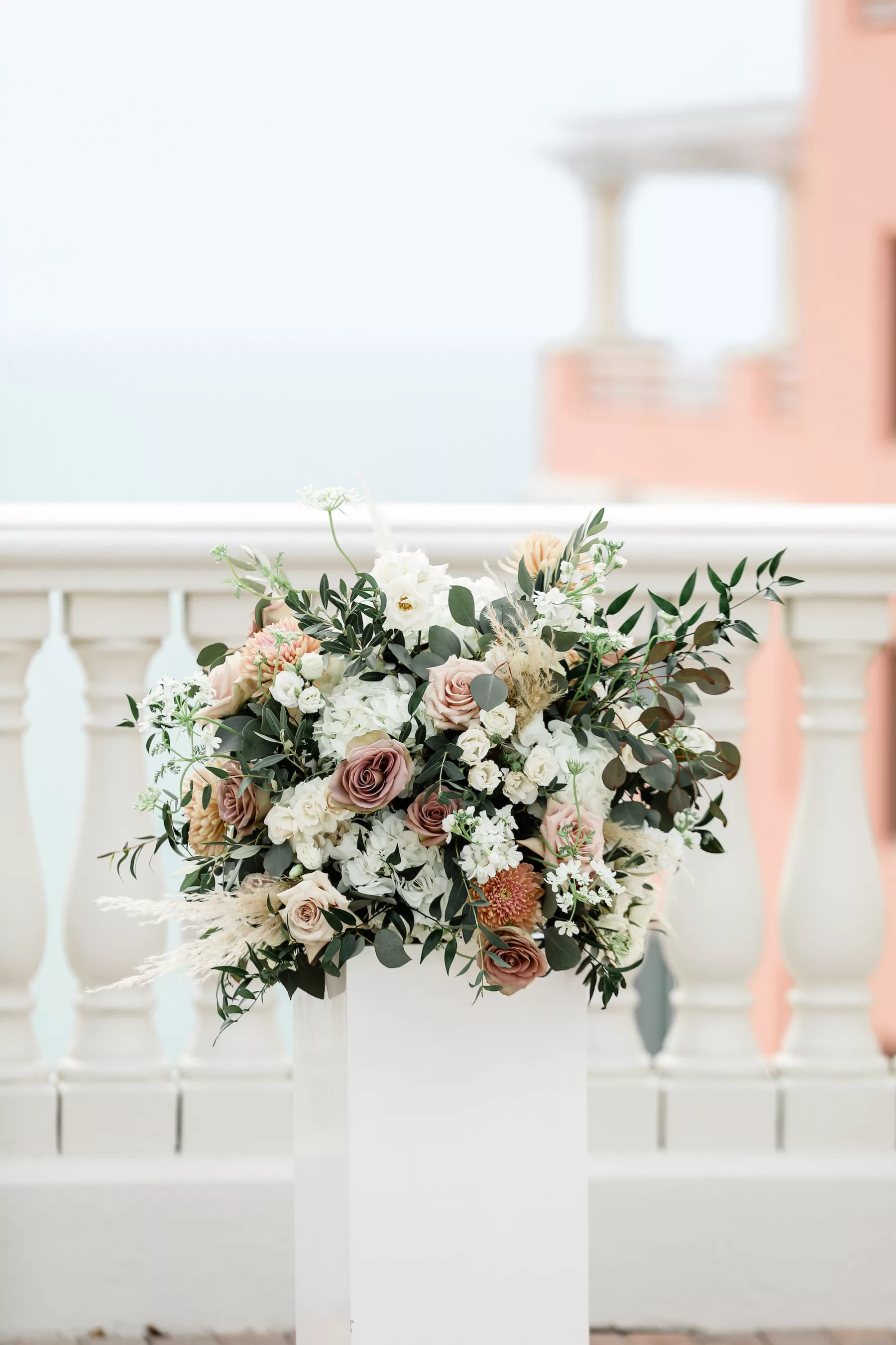Mauve Wedding Ceremony Altar Decor Ideas | Purple Roses, Pink Chrysanthemums, Pampas Grass, and Greenery Flower Arrangement