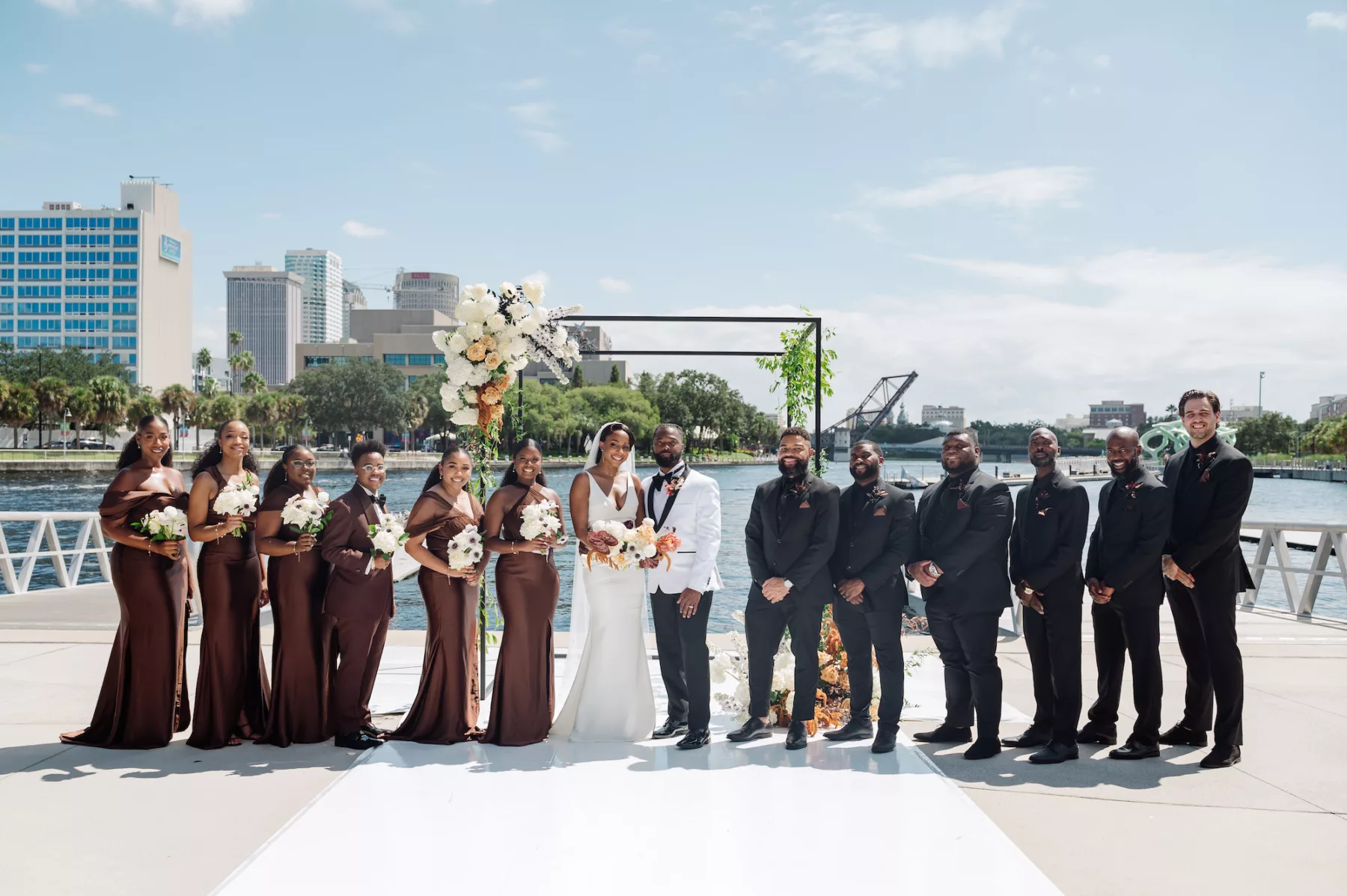 Black and Bronze Fall Wedding Party Dress and Suit Attire Ideas