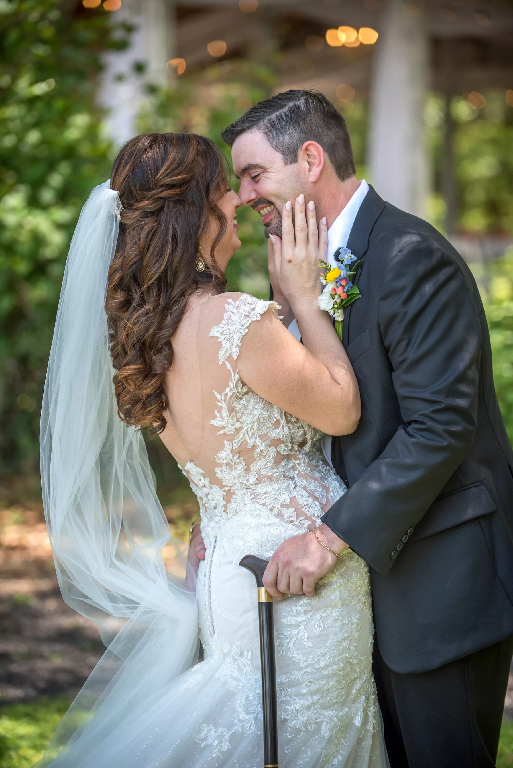 Bride and Groom Just Married Wedding Portrait | Ivory Lace Illusion Open Back Mermaid Wedding Dress Ideas | Elegant Half Up Half Down Bridal Hair Inspiration | Tampa Bay Hair and Makeup Artist Michele Renee The Studio