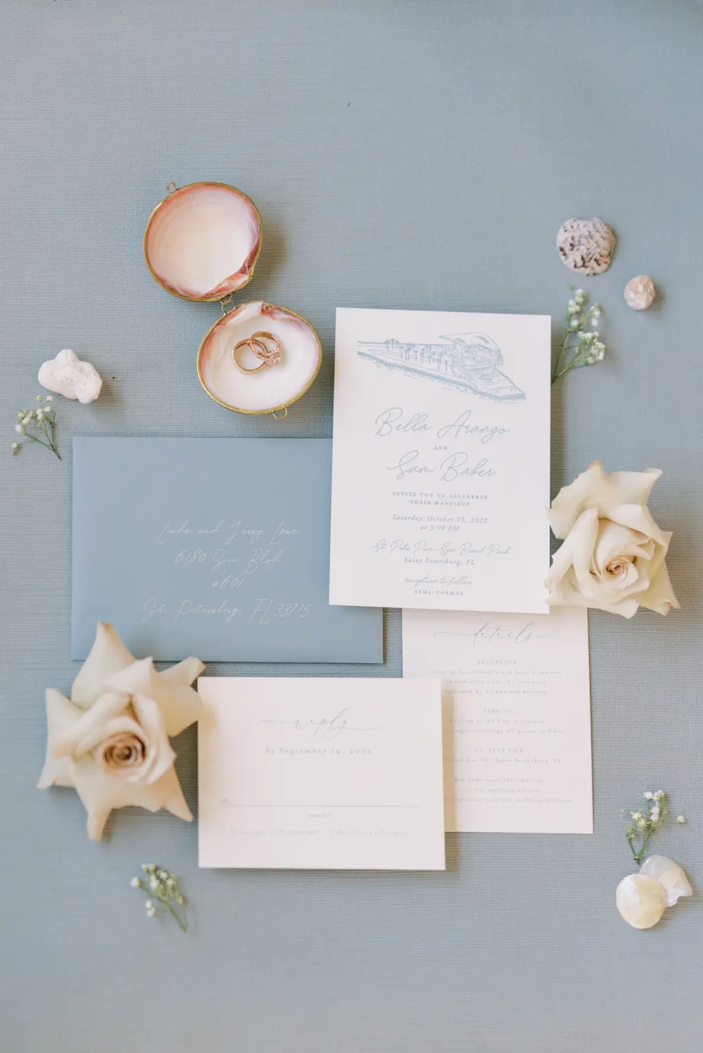 Pastel Light Blue and Cream St Pete Pier Illustration Wedding Invitation Suite Ideas