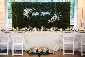 Blue Better Together Neon Sign with Green Glass Wall Backdrop for Bridgerton Wedding Reception Inspiration | Tampa Bay Event Rentals Outside The Box