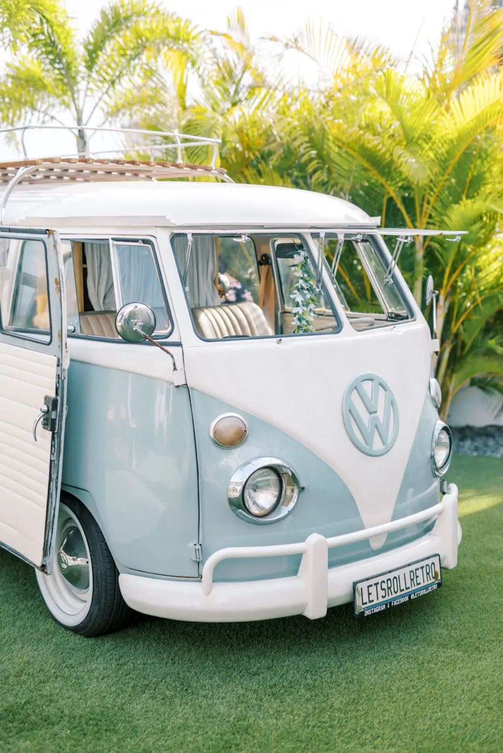 Baby Blue and White Volkswagen VW Mobile Photobooth Bus Wedding Decor