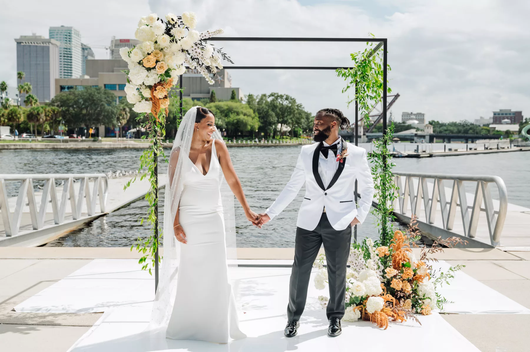 Bride and Groom Just Married Waterfront Wedding Portrait | Venue Tampa River Center