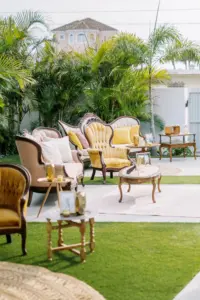 Vintage Retro Velvet Chair Seating at Outdoor Wedding Cocktail Hour | St. Petersburg Wedding Venue The West Events