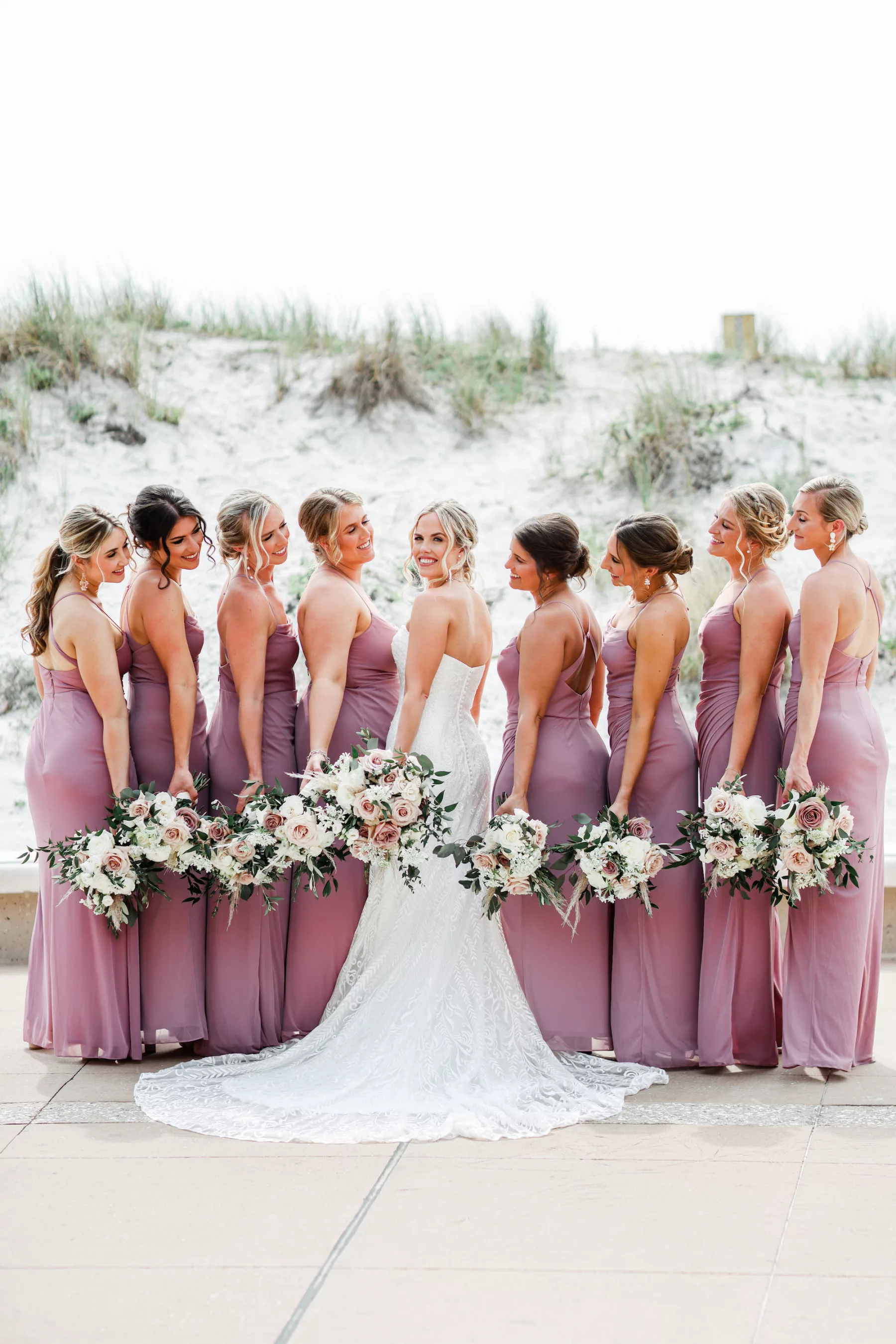 Matching Mauve Bridesmaids Dresses Inspiration | Boho Wedding Bouquet Ideas with Pink, Purple, and White Roses, Pampas Grass, and Greenery | Clearwater Hair and Makeup Artist Femme Akoi Beauty Studio