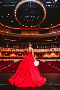 Bride in Red Ballgown Gatsby Inspired 1920s Theater Wedding Inspiration | Tampa Wedding Planner UNIQUE Weddings + Events | Dresses Truly Forever Bridal | Downtown St. Petersburg Florida Event Venue Mahaffey Theatre