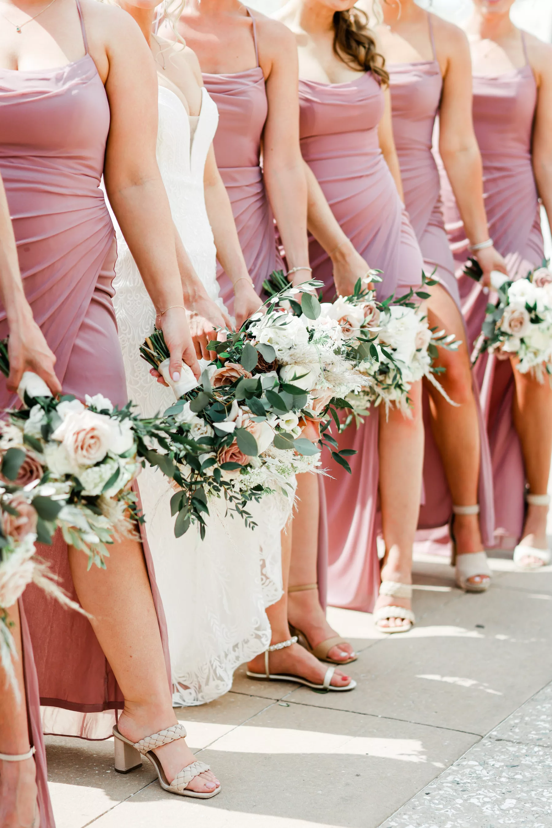 Matching Mauve Bridesmaids Dresses Inspiration | Boho Wedding Bouquet Ideas with Pink, Purple, and White Roses, Pampas Grass, and Greenery