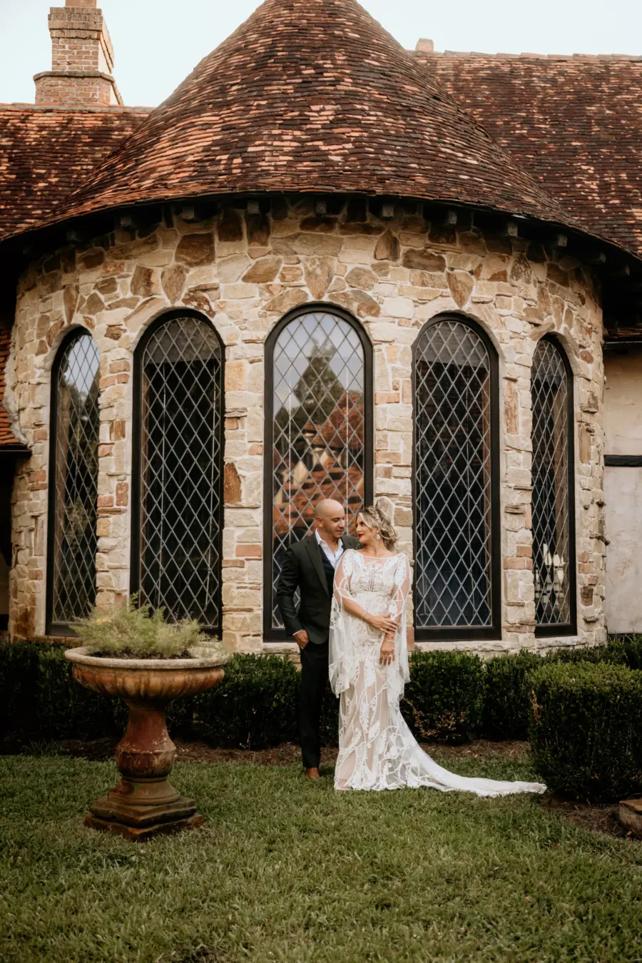 Bride and Groom Just Married Private Estate Wedding Portrait | Nude and White Lace Boho Sheer Long Sleeve Fit and Flare RueDeSeine Wedding Dress Inspiration