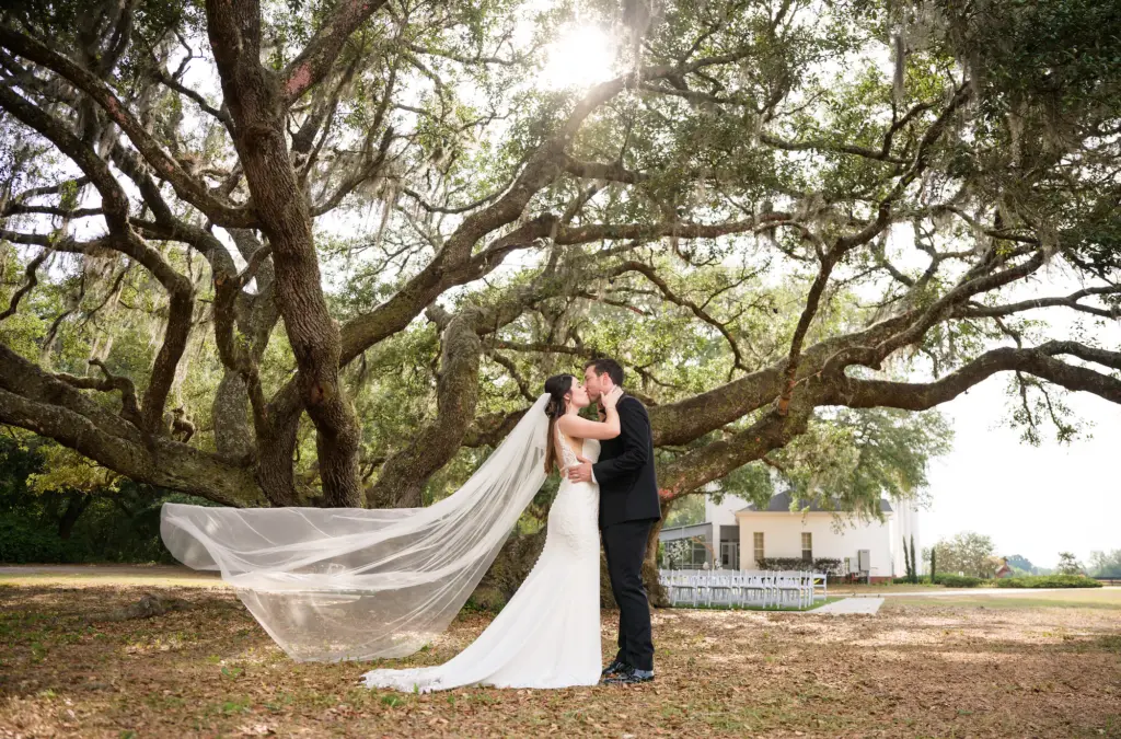 Bride and Groom Under Large Oak Wedding Ceremony Tree | Tampa Bay Event Venue Legacy Lane Weddings