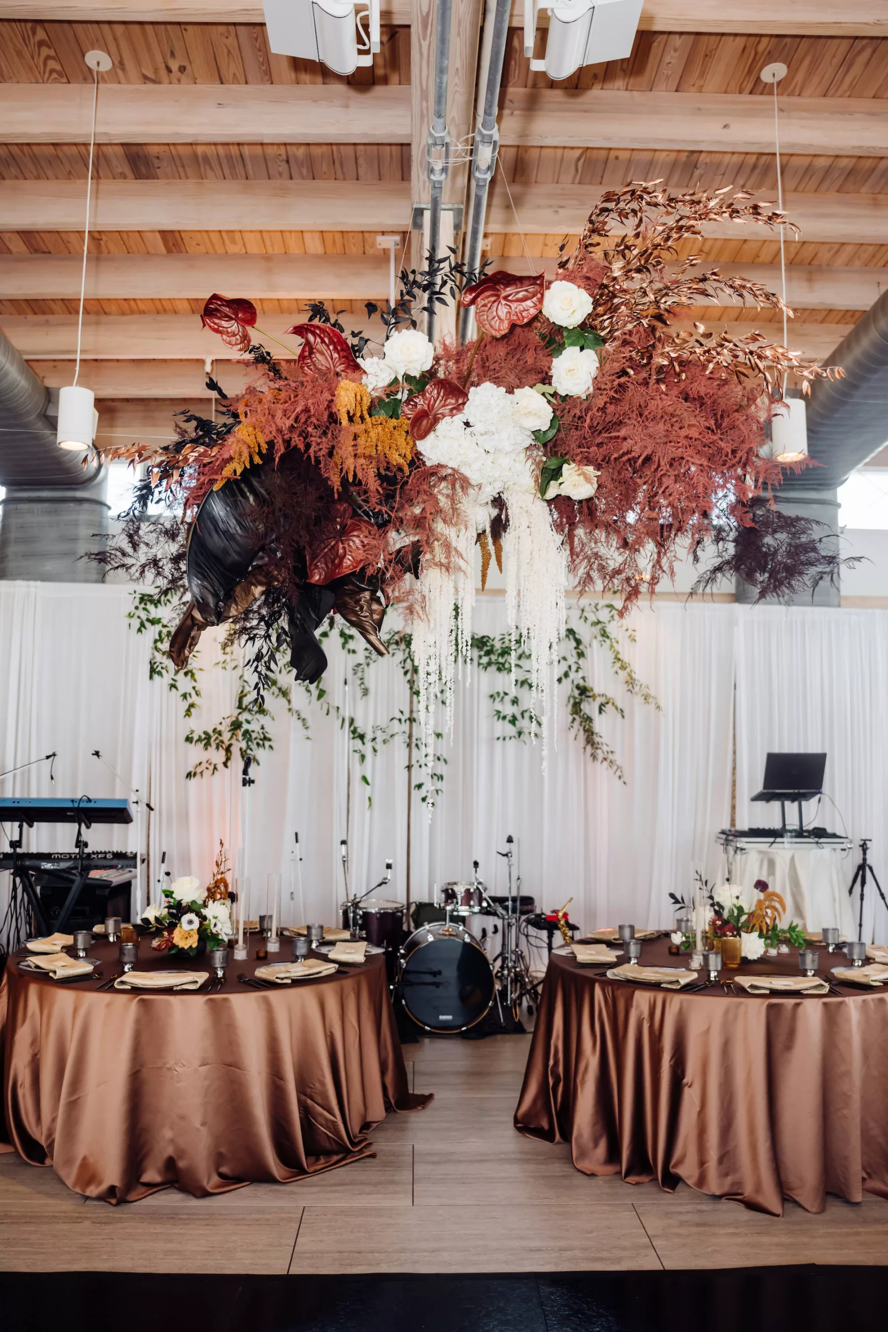 Whimsical Fall Wedding Reception Floral Chandelier with White Roses, Orange Leaves, Anthurium, and Orange Wisteria Decor Ideas