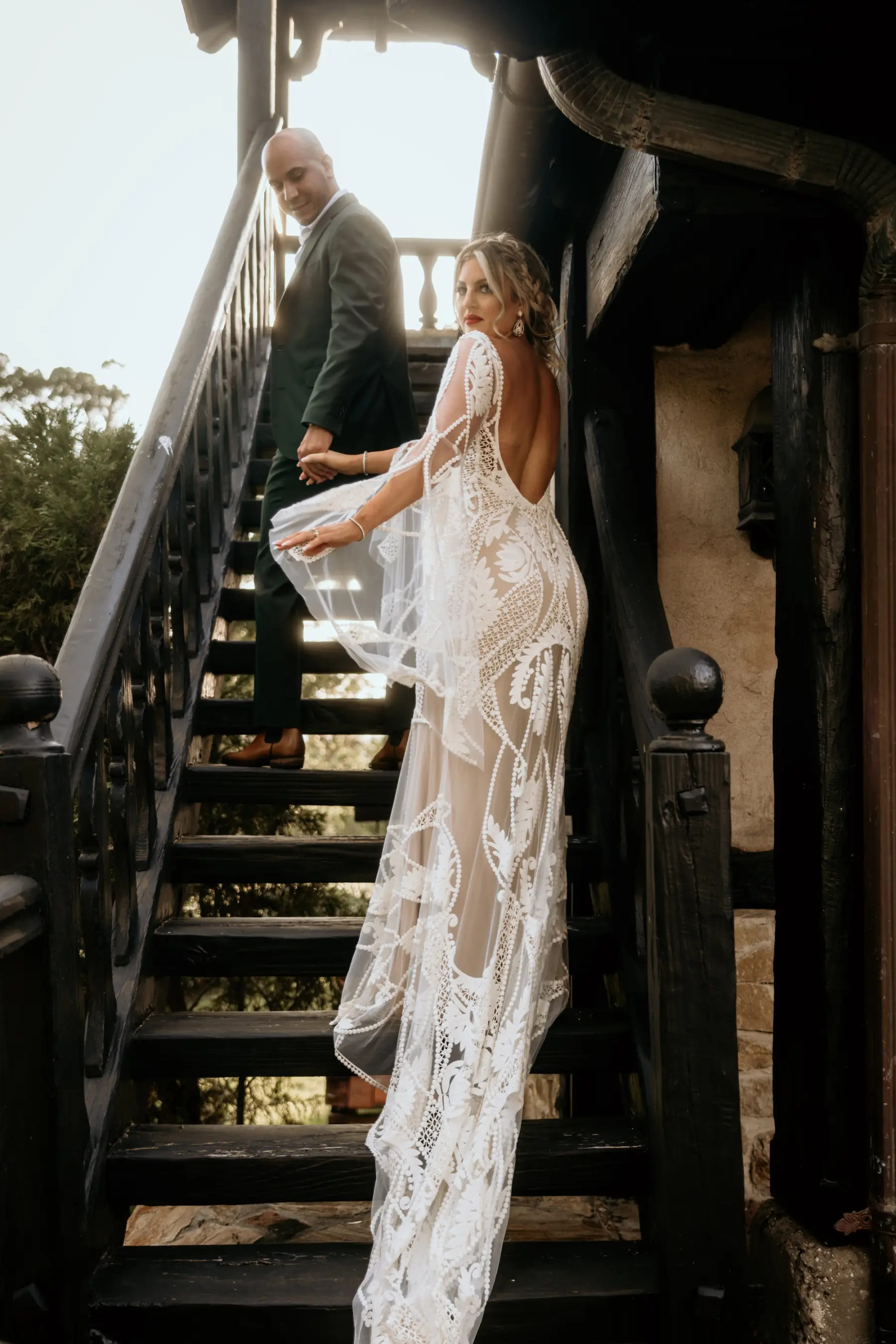 Bride and Groom Just Married Private Estate Wedding Portrait | Nude and White Lace Boho Sheer Long Sleeve Fit and Flare RueDeSeine Wedding Dress Inspiration