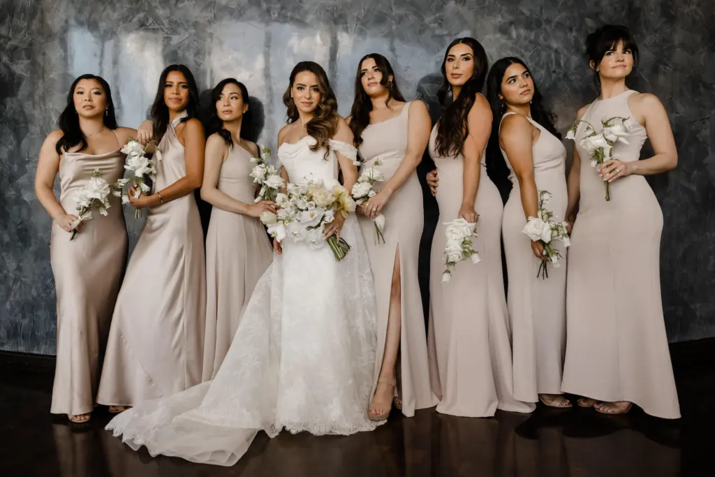 Pronovias Wedding Dress | Neutral Satin and Chiffon Neutral Bridesmaids Champagne Dress Inspiration