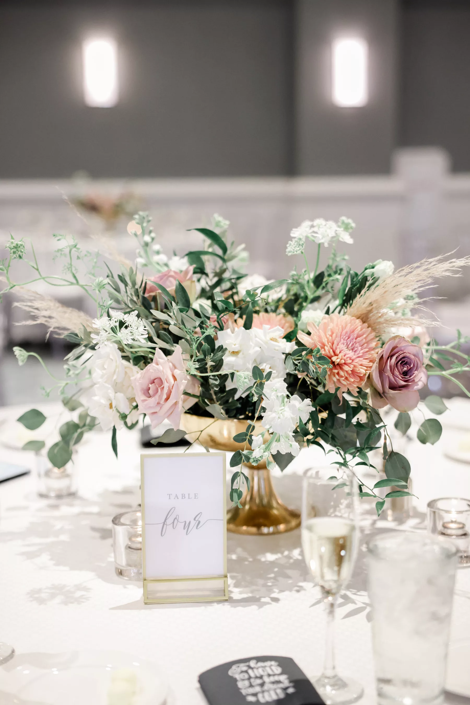 Elegant Mauve Wedding Reception Centerpiece Decor Ideas | Purple Roses, Pink Chrysanthemums, Pampas Grass, and Greenery Flower Arrangement Inspiration