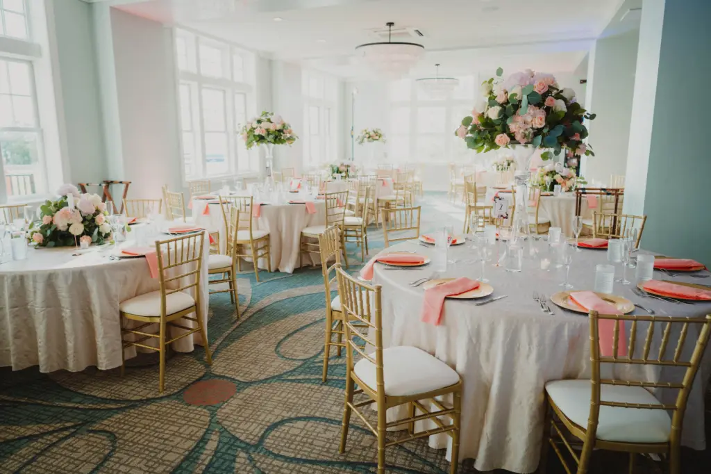 Blush and Gold Wedding Reception Inspiration with Tall Pink and Eucalyptus Centerpiece Ideas