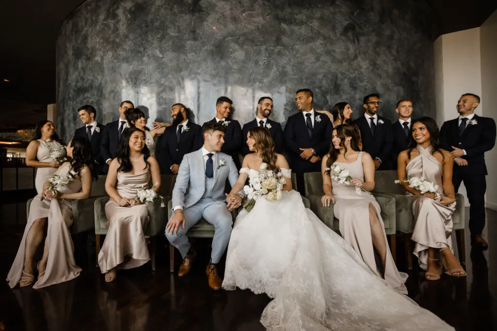 Satin Champagne Neutral Bridesmaid Dresses, Black Tie Wedding Inspiration | Wedding Party Portrait Ideas