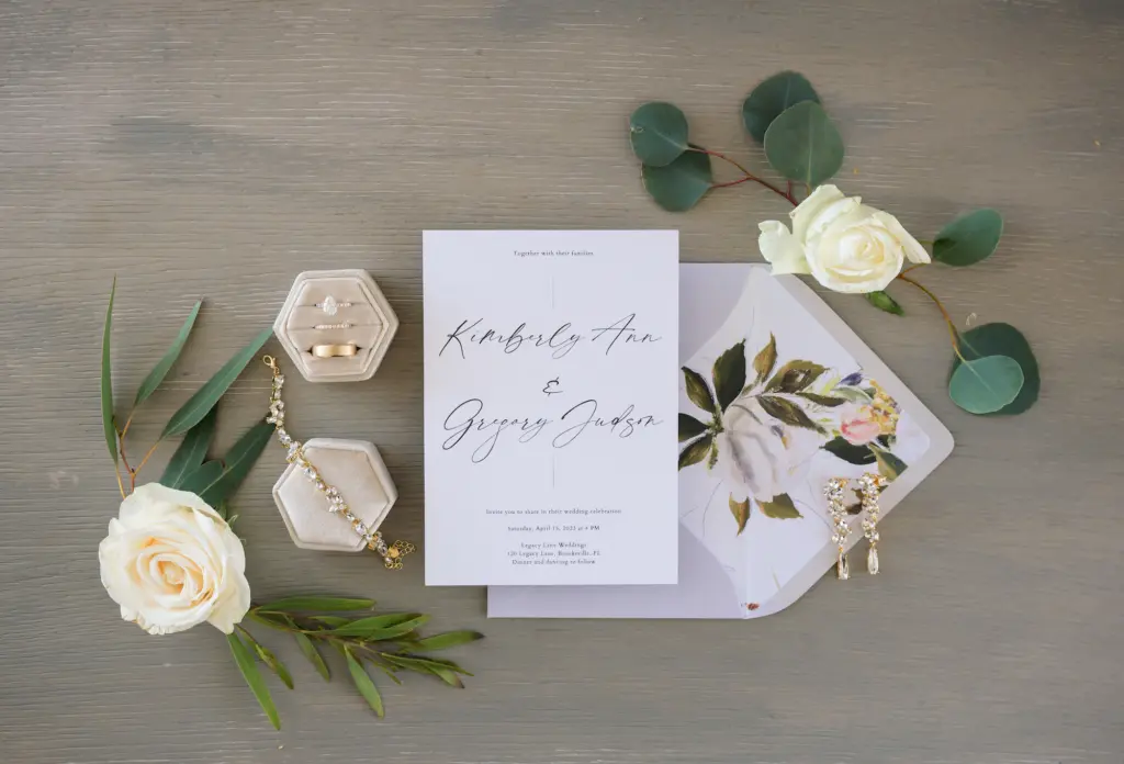 Elegant Black and White Wedding Invitation Suite with Floral Envelope and Script Font Ideas