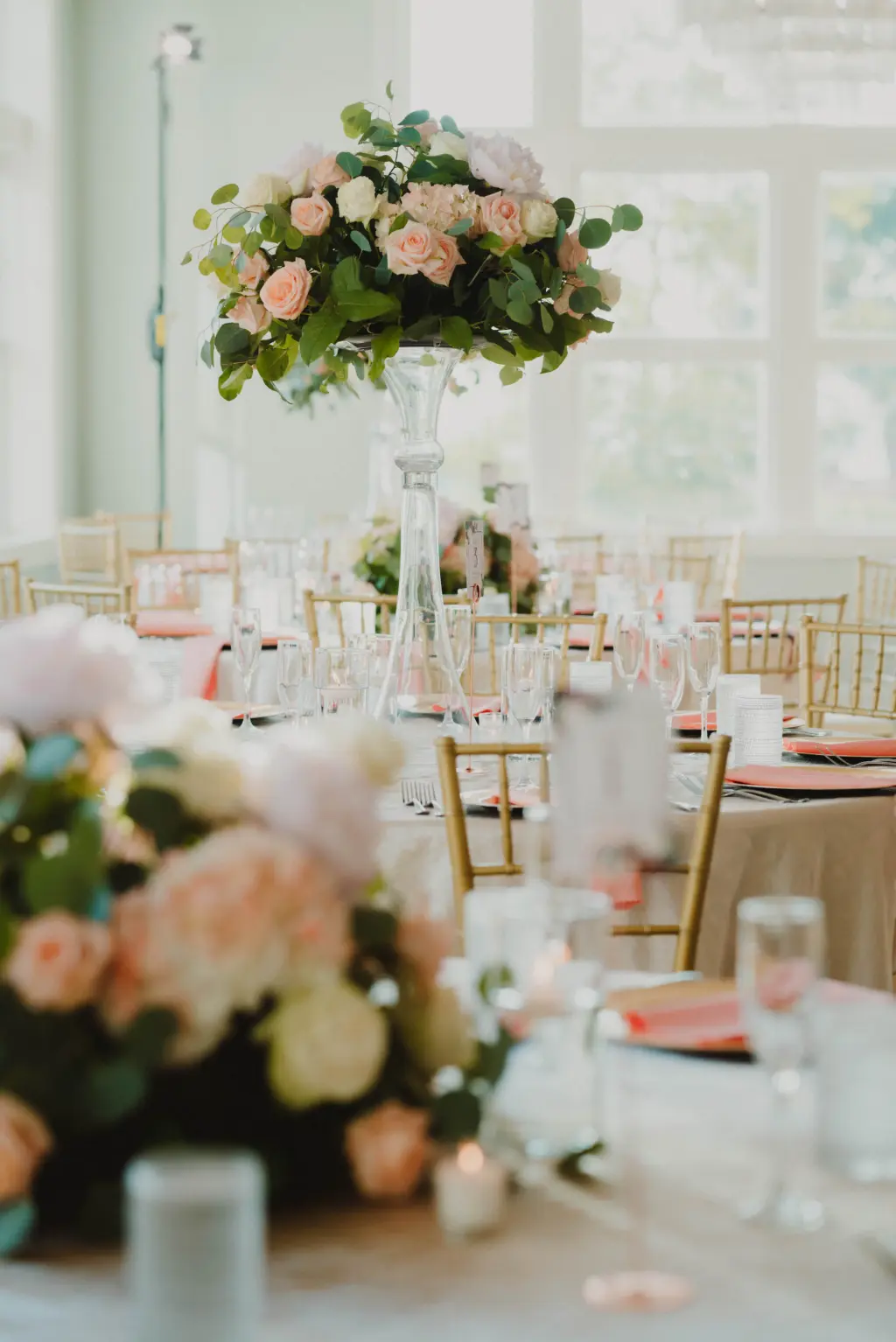 Greenery, Blush Pink and White Rose Wedding Reception Centerpiece Ideas