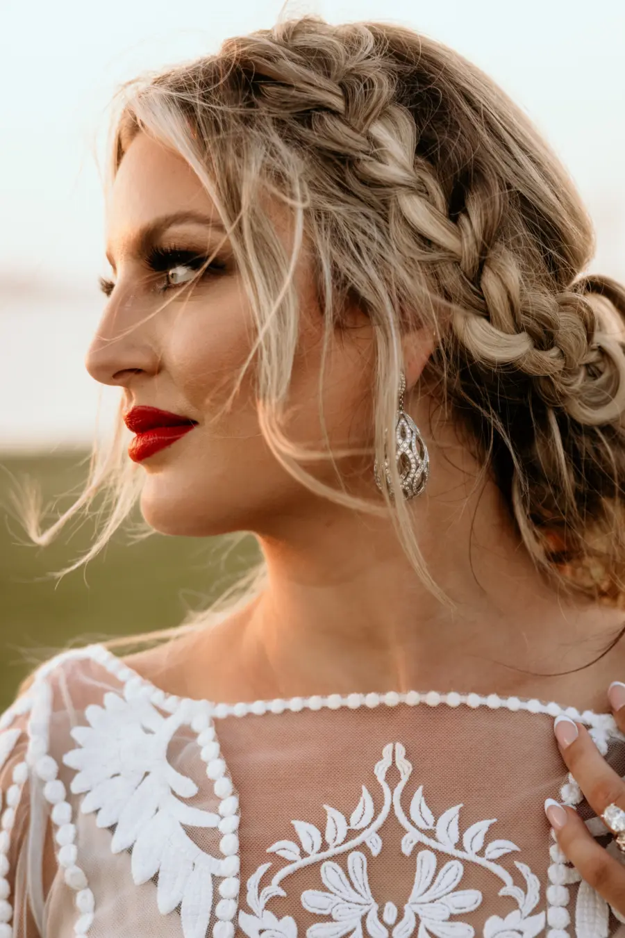 Braided Boho Bridal Wedding Hair Updo, Red Lip Makeup Inspiration