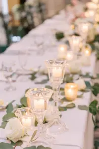 Glass Candle Holders with Greenery Tablescape | Wedding Reception Decor Ideas