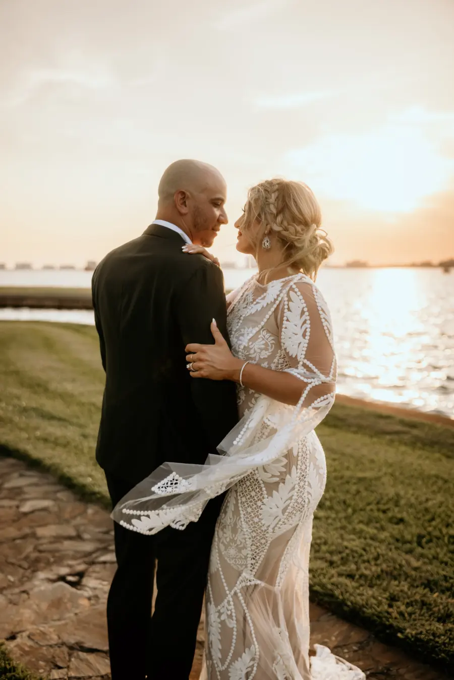Bride and Groom Florida Sunset Wedding Portrait | Nude and White Lace Boho Sheer Long Sleeve Fit and Flare RueDeSeine Wedding Dress Inspiration