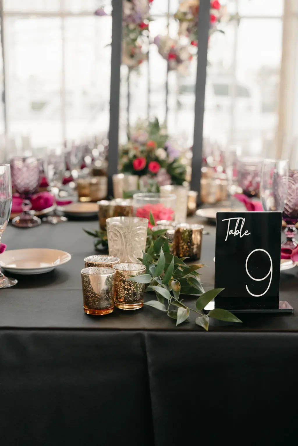 Modern Black and White Table Number Sign Ideas with Gold Mercury Glass Votive Centerpiece Inspiration | Whimsical Black and Pink Wedding Reception Decor