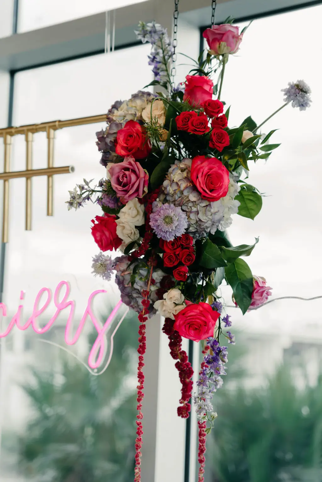 Purple Hydrangeas, Pink Roses, Red Amaranthus Flower Arrangement for Sweetheart Table Backdrop Inspiration