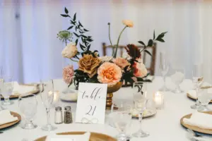 Blush Pink Roses, Chrysanthemums, and Greenery Fall Terracotta Wedding Reception Centerpiece Ideas