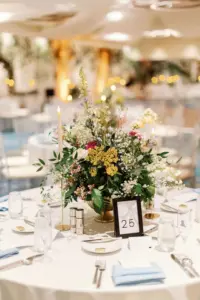 White, Pink, and Yellow Spring Centerpiece Inspiration | Colorful Indian Fusion Wedding Reception Ideas | Tampa Florist Lemon Drops Weddings & Events