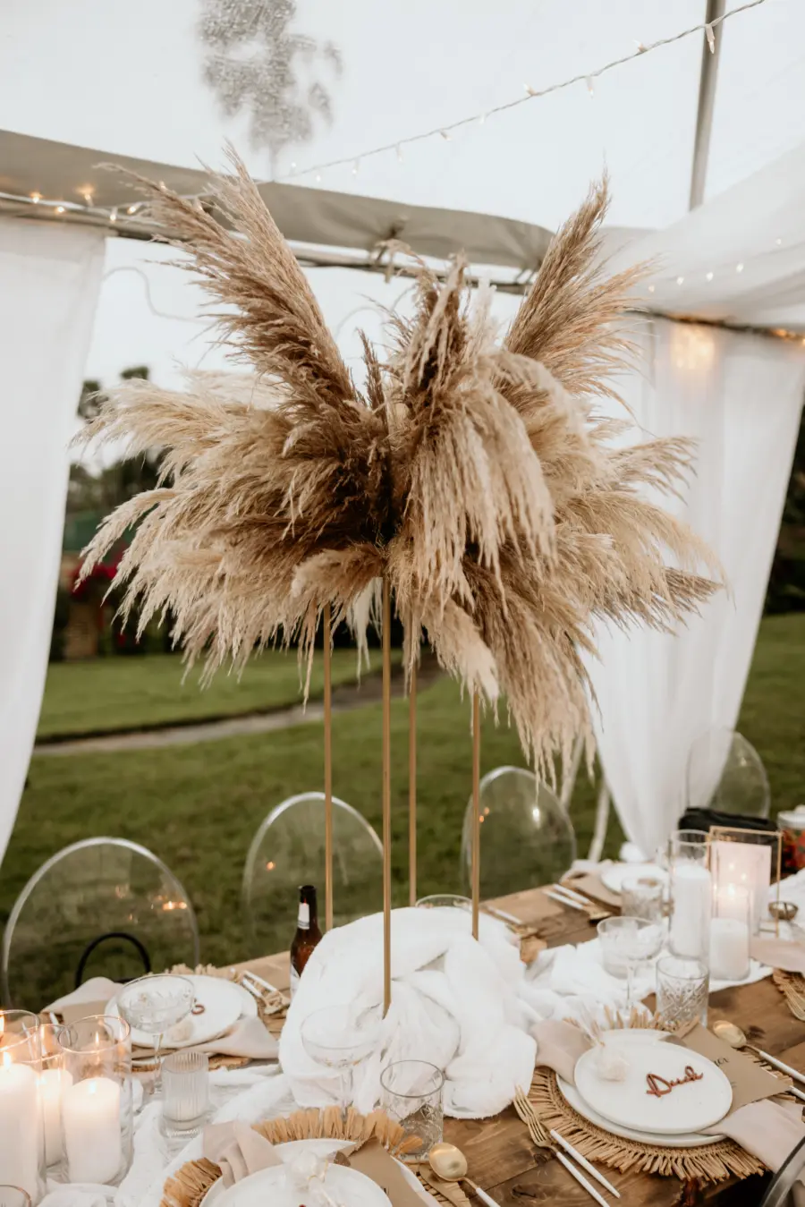 Boho Wedding Reception Centerpiece Ideas | Pampas Grass and Tall Gold Flower Stand Inspiration