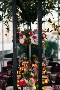 Pink Roses, Gardenias, Hydrangeas, and Greenery Hanging Centerpiece Inspiration | Pink and Black Wedding Reception Decor Ideas