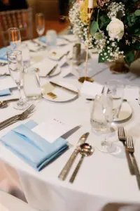 Spring Wedding Reception Ideas | Blue and White Linen, Silver Flatware