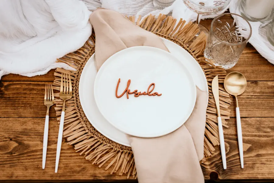 Outdoor Spring Wedding Reception Place Setting Inspiration | Boho Straw Placemat with Laser Cut Place Card Ideas