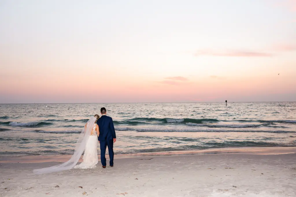 Bride and Groom Clearwater Beach Sunset Wedding Portrait