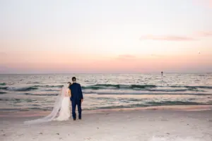 Bride and Groom Clearwater Beach Sunset Wedding Portrait