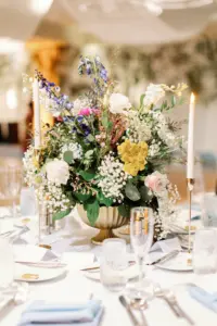 White Baby's Breath, Blue Stock Flowers, Pink, and Yellow Spring Centerpiece Inspiration | Colorful Indian Fusion Wedding Reception Ideas Tampa Florist Lemon Drops Weddings & Events