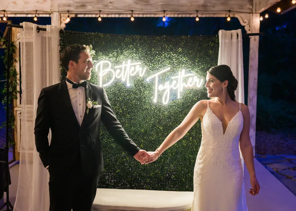 Better Together Neon Sign with Grass Wall Backdrop | Southern Wedding Reception Decor Inspiration