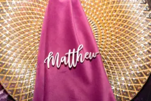 Laser-cut Custom Name Place Card Inspiration for Black and Pink Wedding Reception Table Setting | Tampa Bay Rental Company A Chair Affair