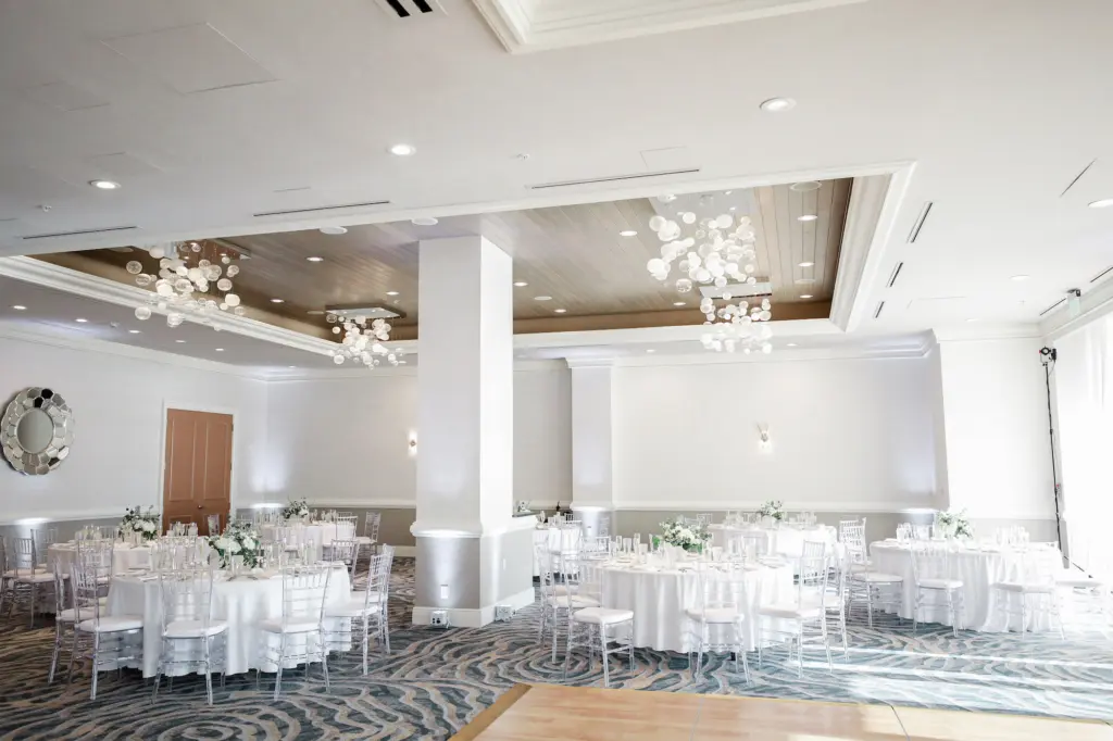 Steel Blue and White Coastal Indoor Wedding Reception Inspiration Decor Ideas | Clear Chiavari Chairs | Tampa Bay Event Venue Hyatt Regency Clearwater Beach | Event Planner Coastal Coordinating