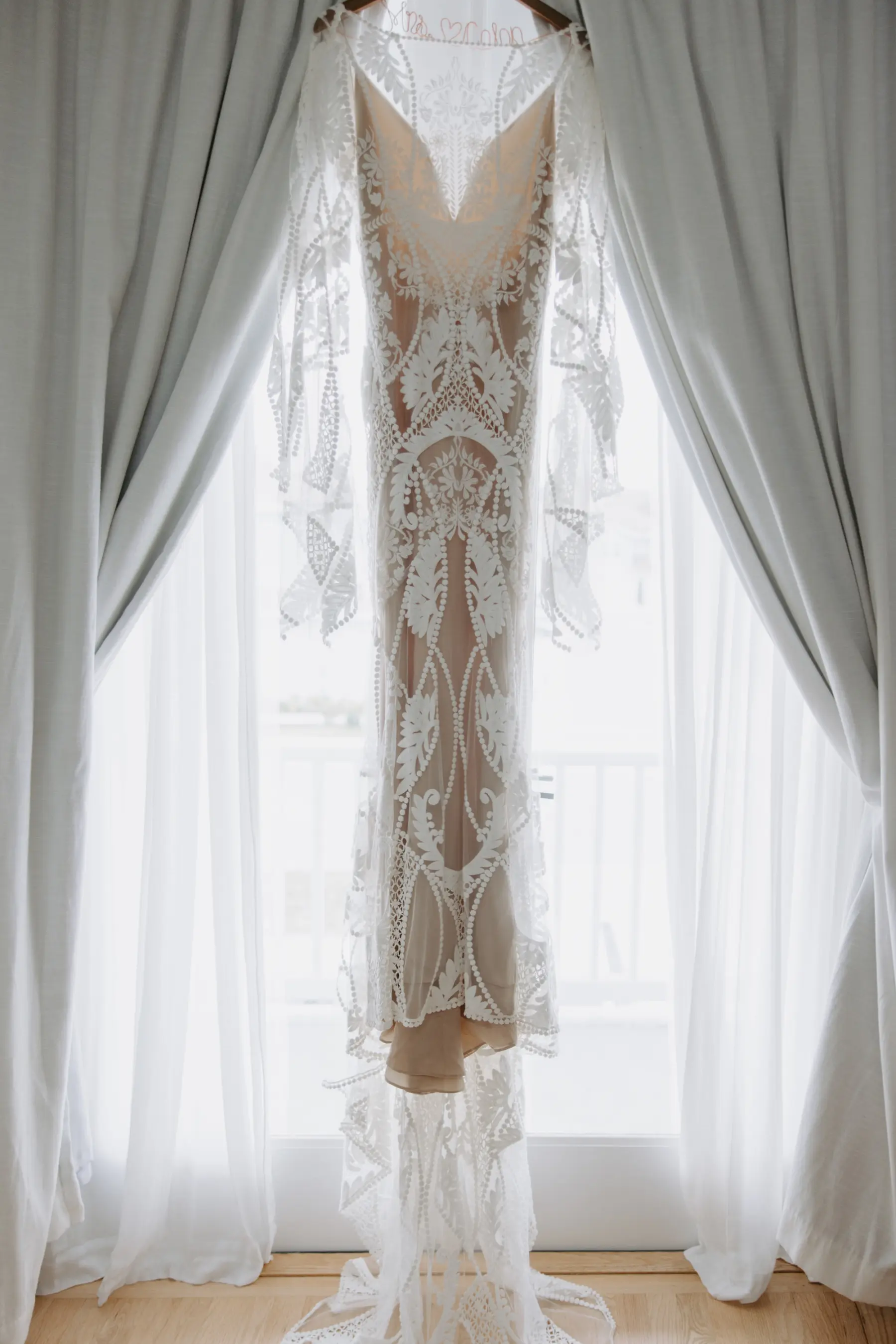 Nude and White Lace Boho Sheer Long Sleeve Fiti and Flare RueDeSeine Wedding Dress Inspiration