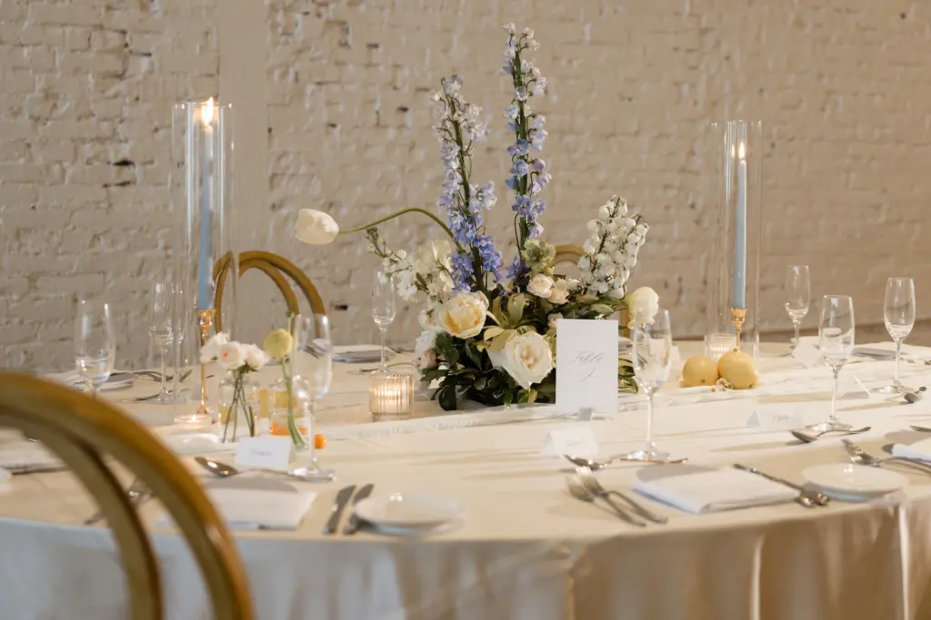Blue, Yellow, and White Spring Wedding Reception Decor Centerpiece Ideas