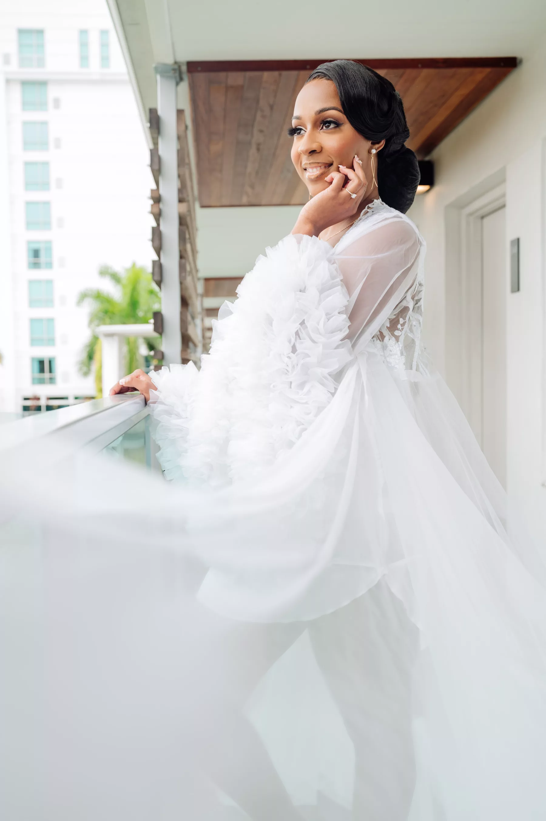 Elegant Bridal Wedding Updo Hair and Makeup Ideas | White Tulle Robe Inspiration