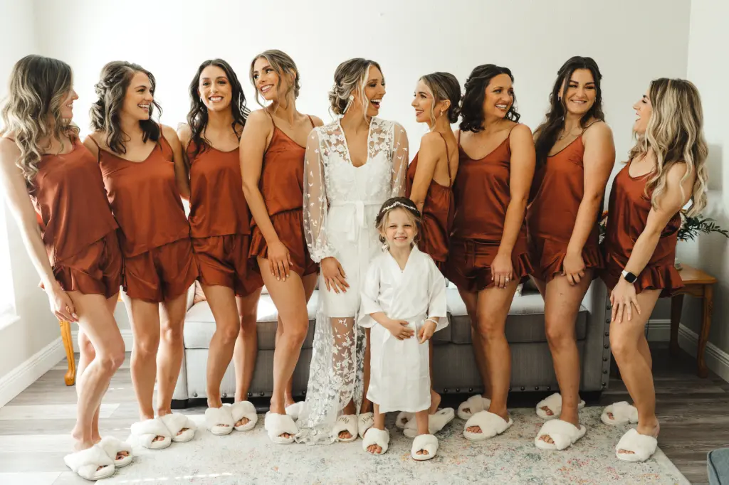 Satin Terracotta Rust Wedding Pajamas | White Sheer Floral Floor Length Robe Ideas